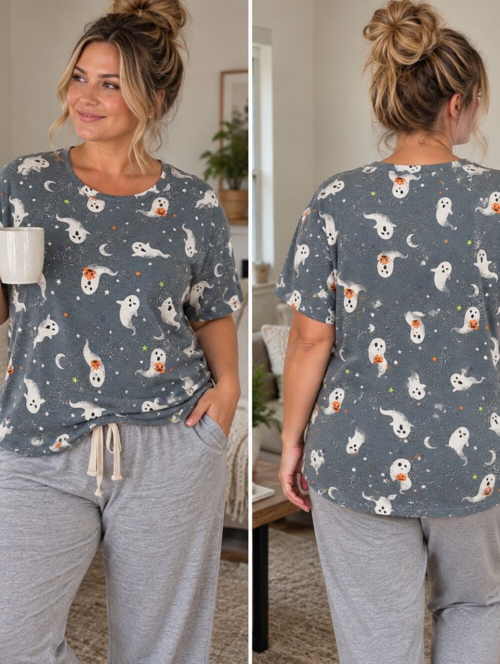Halloween Celebrate  Gray Soft Ghost Short Sleeve Novelty Top XL